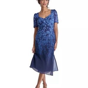 DKNY Blue Leopard Print Chiffon Midi Dress Sweetheart Neck DD4E681A Size 14